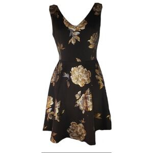 Glam Small Black Gold Metallic Floral Fit & Flare Skater Mini Dress
